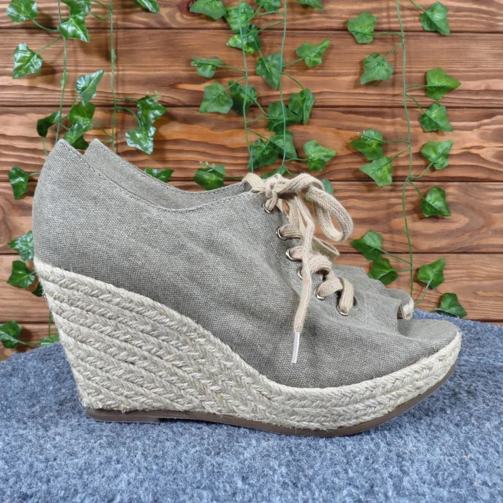a.n.a 023-6071 Women‎ Espadrille Wedge Size 6M Summer Casual Olive Green Canvas